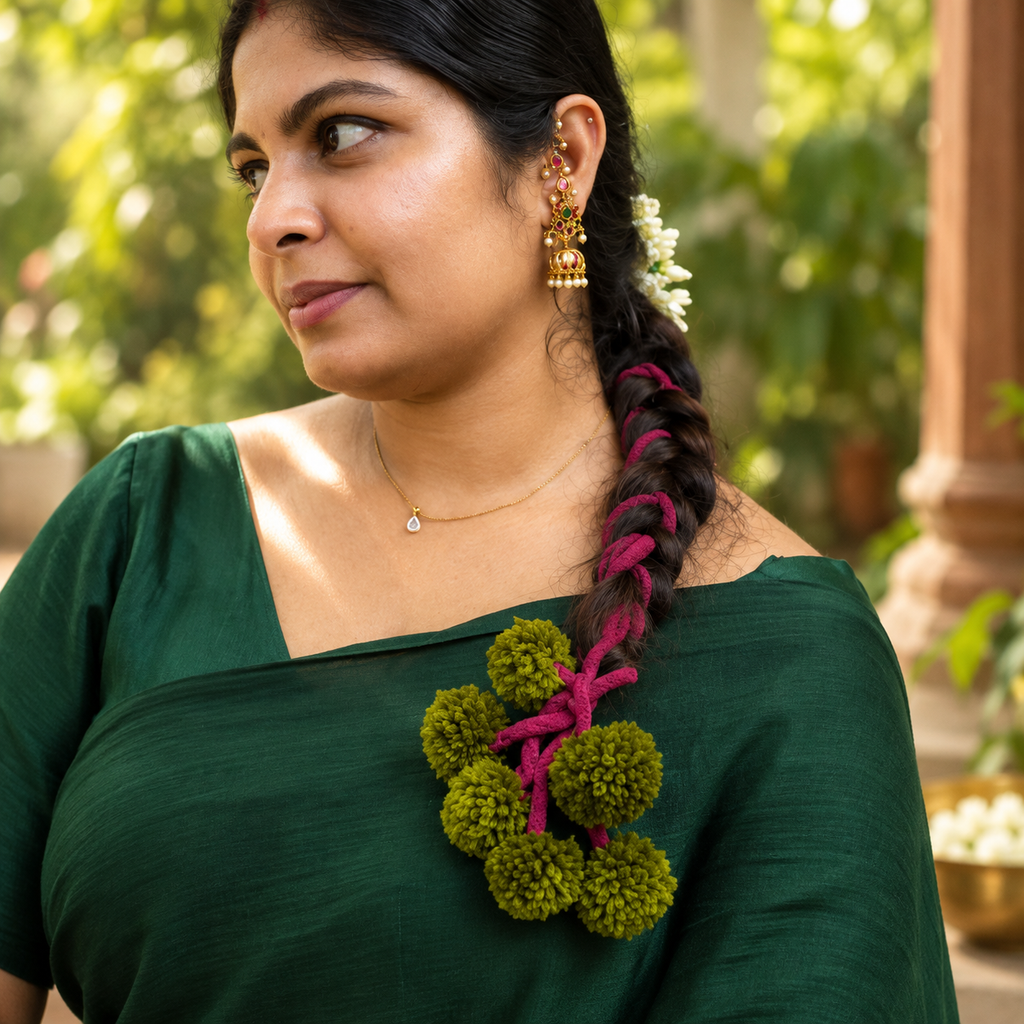 Olive Wine Kerala Parandi hair accessory to match Onam outfit and traditional saree
