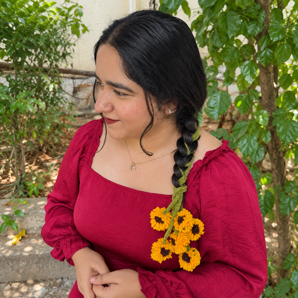 Sunflower Kerala Parandi braid jewellery in bright yellow for South Indian celebrations
