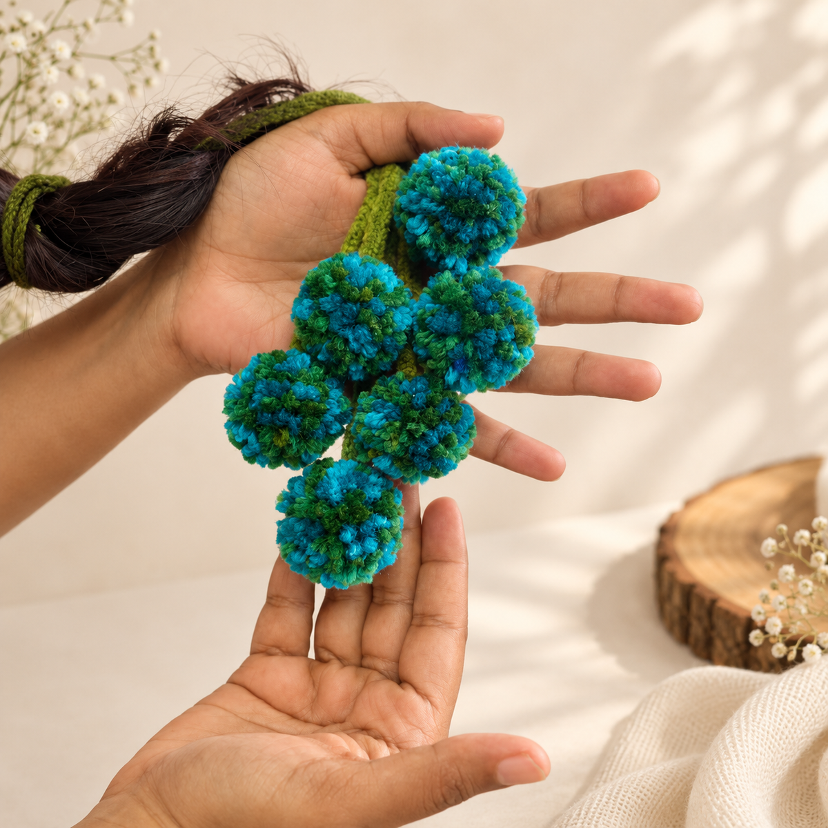 Peacock Blend traditional Kerala Parandi braid jewellery in vibrant peacock colours for Onam
