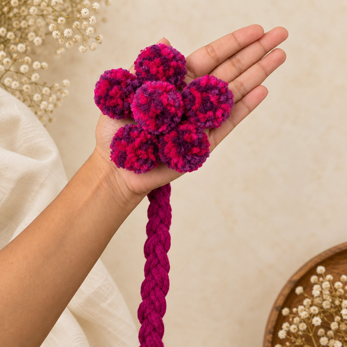 KANAV Blush pink Kerala Parandi hair accessory in soft rose tones for South Indian bridal styling

