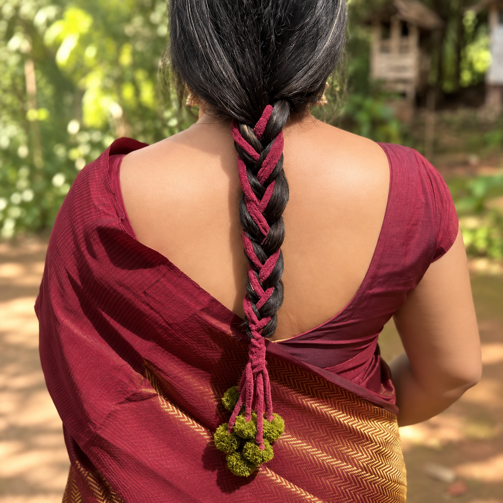 Olive Wine traditional Kerala Parandi hair accessory for Onam and South Indian bridal wear
