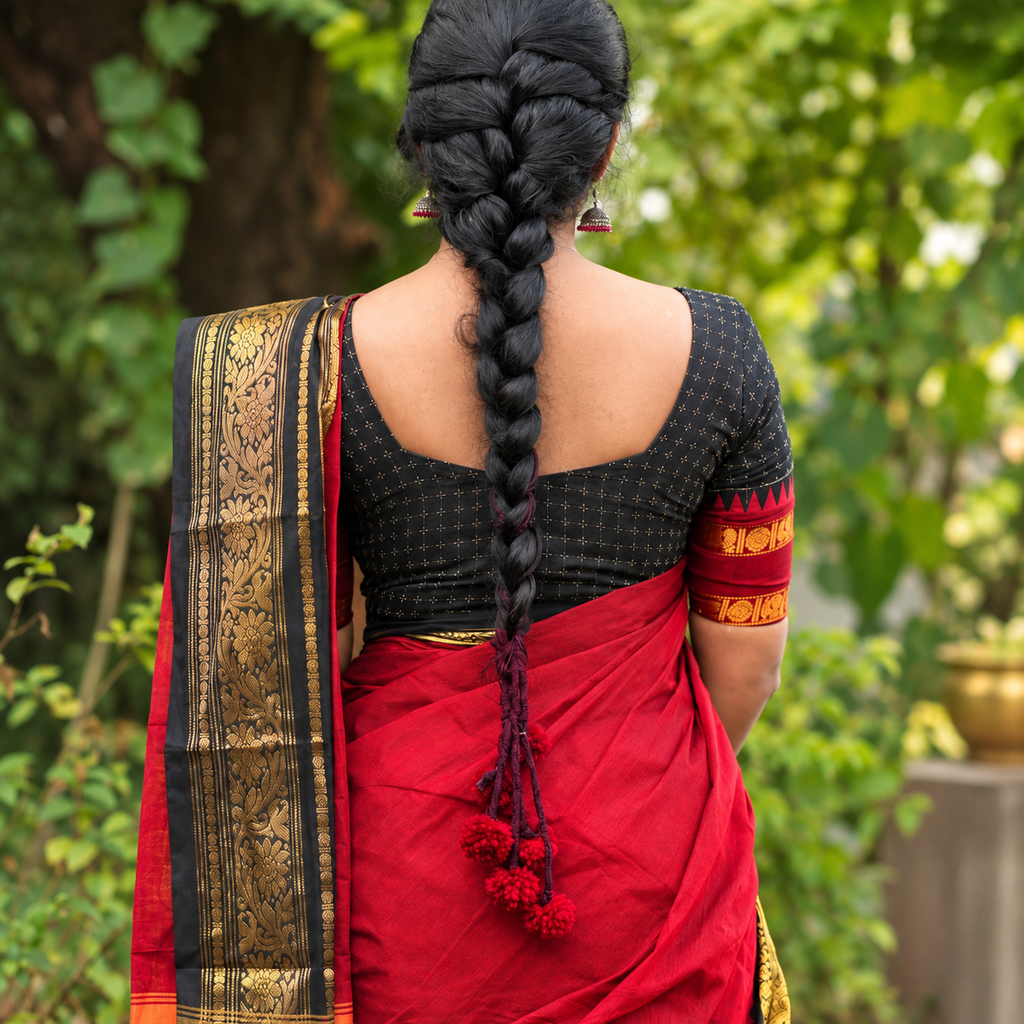 Deep maroon Kerala Parandi braid jewellery for wedding and festive occasions

